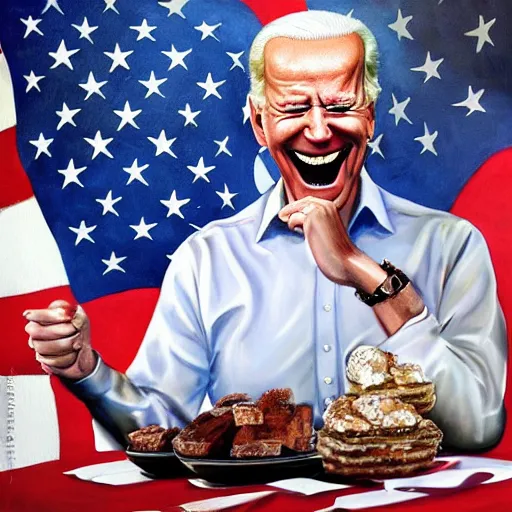 Image similar to a painting of joe biden laugh in tea party with osama bin laden, justify content center, hyper realistic content, frontal hyperdetailed realistic content, remove duplicate content