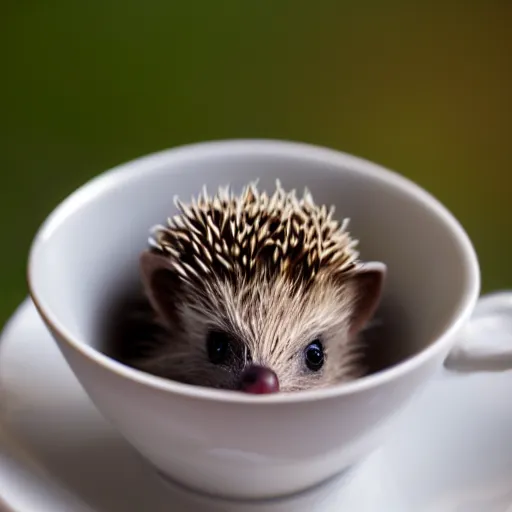 Image similar to baby hedgehog in a teacup, photography, bokeh, minimalistic, 8 k