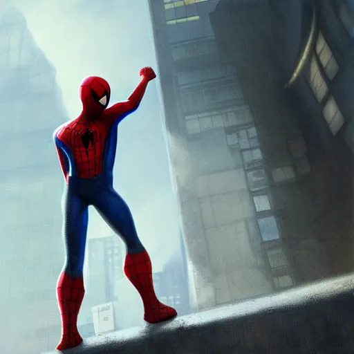 Image similar to moody atmospheric render of an spiderman wearing shorts and sandals by leon tukker