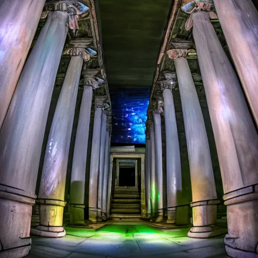 Prompt: long shot of mecha in Greek Temple, bioluminescence