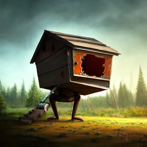 Prompt: a walking wood and metal house with two legs and two big eyes, rust, hyperrealistic, highly detailed, cinematic, single ray of sun, morning, pareidolia, gravity falls style, beautiful, cgssociety, artstation, 8 k, oil painting, digital art