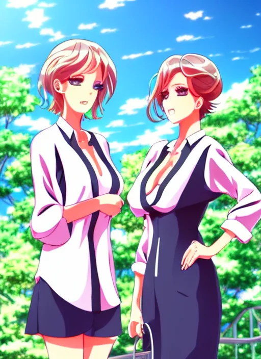 Image similar to two beautiful mothers in a summer home, sophisticated clothes, gorgeous faces, thick lines, cinematic lighting, detailed anime art