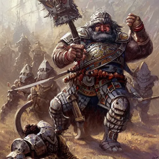 Image similar to Dwarven iron guard fighting a troll. Dnd. Epic painting by james gurney.