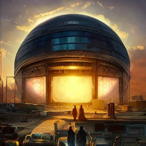 Prompt: atompunk glowing glass domed sci-fi building, pleasant urban setting, sunset, Marc Simonetti and Greg Rutkowski