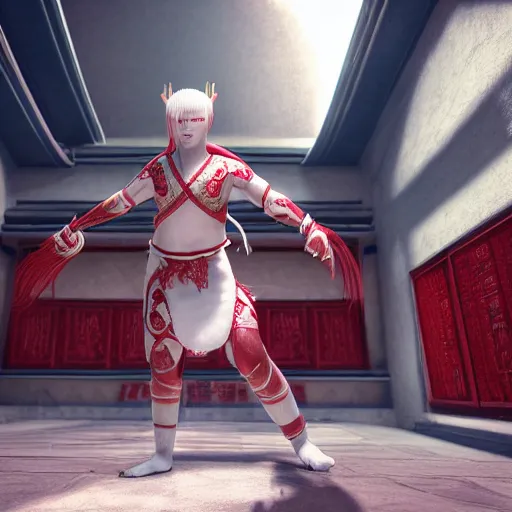 Image similar to albino Asian miko in a shintoist temple, full body, unreal engine octane, red and white, gliter, depth of field, 8k, hyper detailed, trending on artstation