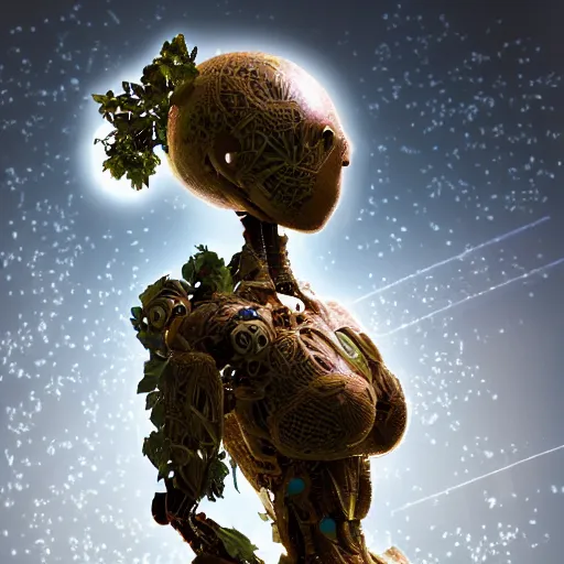 Image similar to overgrown foliage taking over an abandoned humanoid robot body, close - up, 3 5 mm, biopunk, bokeh, beautiful, lens flare, emotional, sweet, flowers, detailed, picture, trending on artstation, award - winning, shiny, golden