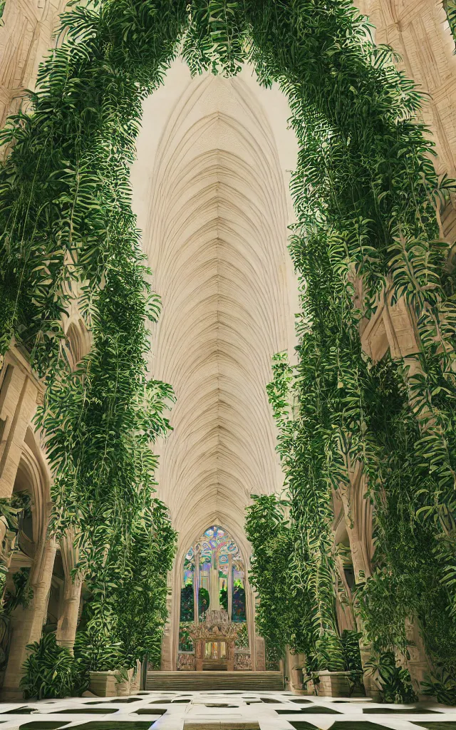 Image similar to grand cathedral interior with koi pond in the middle surrounded by palm trees, ivy, flowers, tropical plants, roses, and with archways, rendered in octane render with photorealistic cinematic volumetric lighting, cinematic, horizontal symmetry, symmetrical