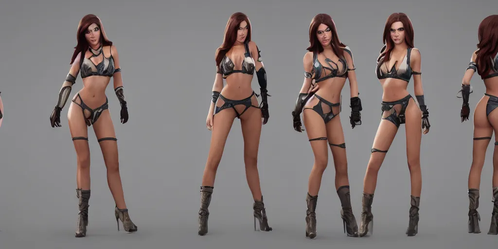 Image similar to character sheet of Megan Fox dressed like Caitlyn in the game League of Legends, with a background based on the game League of Legends, 3d render, octane render, iRay, ray tracing, realistic, highly detailed, trending on artstation, 4k, cgsociety, unreal engine 5, redshift render, blender cycles, behance, cg