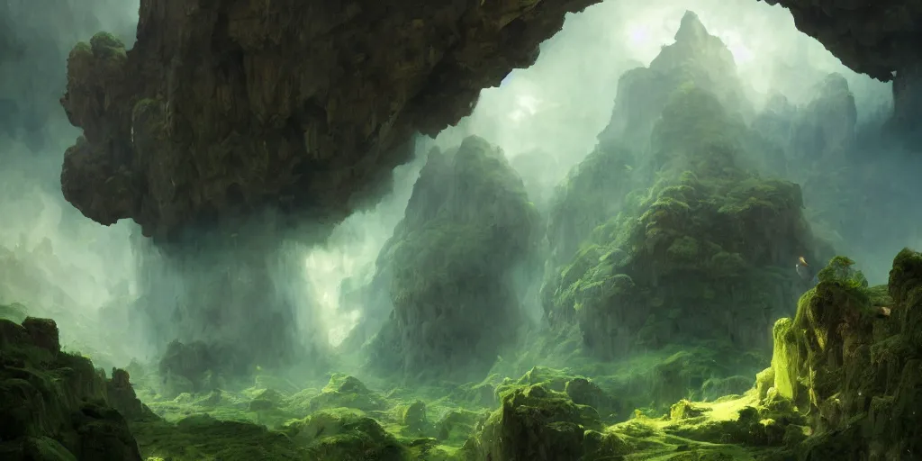 Image similar to huge cave ceiling towns, villages castles buildings bytopia planescape clouds made of green earth inverted upsidedown mountain surreal dreamlike inception artstation illustration sharp focus sunlit vista painted by ruan jia raymond swanland lawrence alma tadema zdzislaw beksinski norman rockwell tom lovell alex malveda greg staples