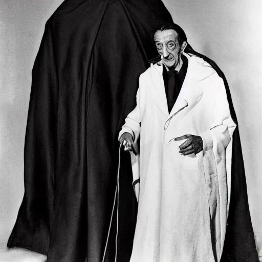 Image similar to salvador dali wearing a dark hooded cloak