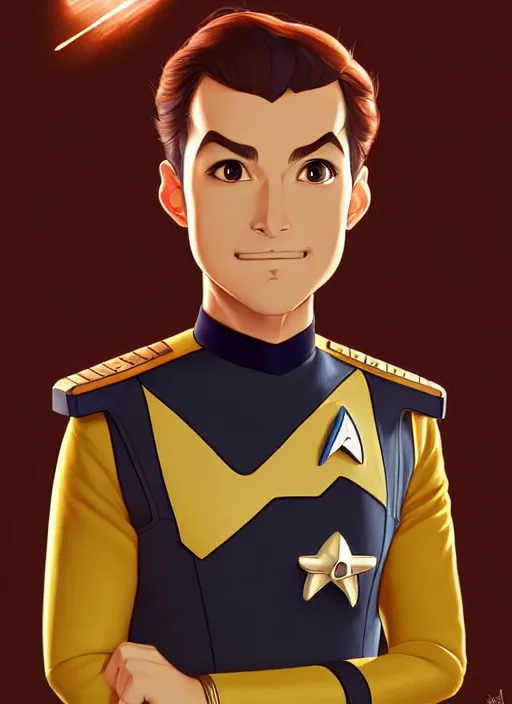 Image similar to cute star trek officer federico macheda, natural lighting, path traced, highly detailed, high quality, digital painting, by don bluth and ross tran and studio ghibli and alphonse mucha, artgerm