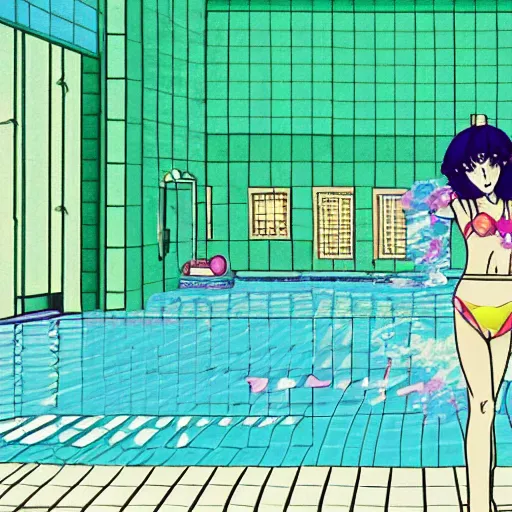 Image similar to girl swimming in an indoor pool in hungary, sprite, vaporwave nostalgia, green and white color palette, directed by beat takeshi, visual novel cg, 8 0 s anime vibe, kimagure orange road, maison ikkoku, sketch by osamu tezuka, directed by makoto shinkai and beat takeshi