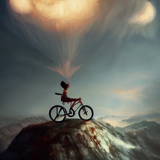 Prompt: A warm atmosphere fancy portrait of a happy man flying in the sky on his bicycle in the clouds, perfect expression, Ross Tran, Greg Rutkowski, Maciej Kuciara, 8k photorealistic, volumetric lighting, dramatic, trending on artstation