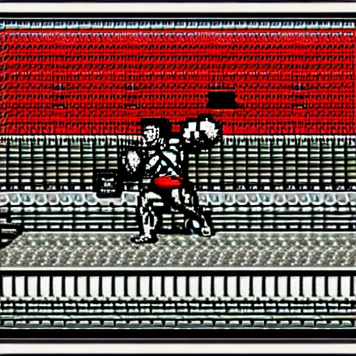 Prompt: extreme long shot. 8 bit nes graphics. antropomorphic muscular masculine wolf. kickboxer fighter in shorts. wolf head. art from nes game cartridge, unreal engine - h 7 6 8