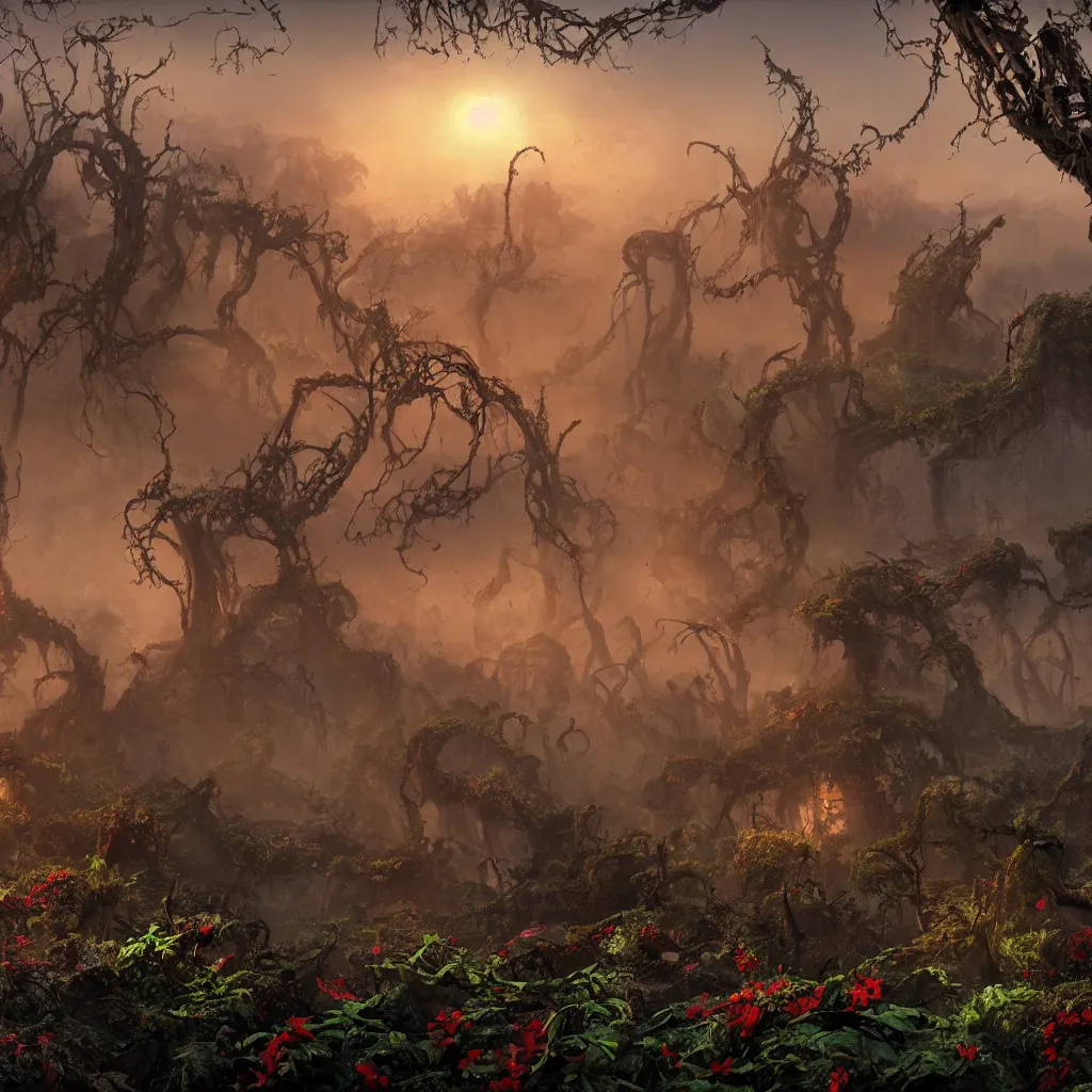 Prompt: An incredibly beautiful but ominous matte painting depicting a profusion of evil carnivorous vines and colorful flowers and lush exotic trees and bloated toadstools, with horrifying huge burning eyes and jagged bloody teeth, overgrowing a desolate ruins submerged in fog beneath the setting sun, nvidia, vray, evening, epic scale, octanerender