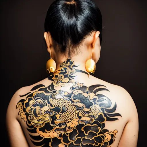Image similar to photography of the back of a woman with a black detailed irezumi tatto representing a gold tiger with flowers, mid-shot, dark background, editorial photography