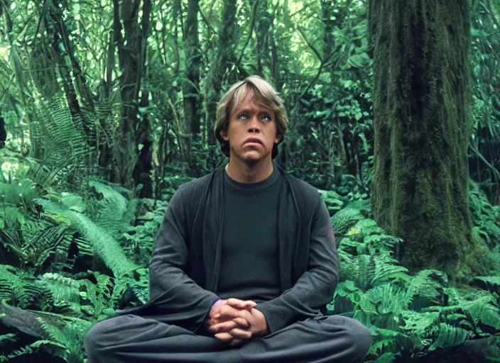 Image similar to screenshot portrait of luke skywalker at the reopening of the new jedi temple school deep within jungle. serene portrait of Mark Hammill, meditating, Photographed with Leica Summilux-M 24 mm lens, ISO 100, f/8, Kodak, Portra 400, 1988