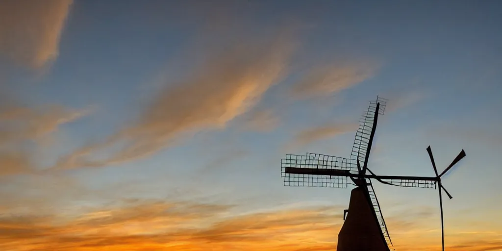 Image similar to photo of a west texas sunset, old windmill, golden hour, high quality, beautiful!!!
