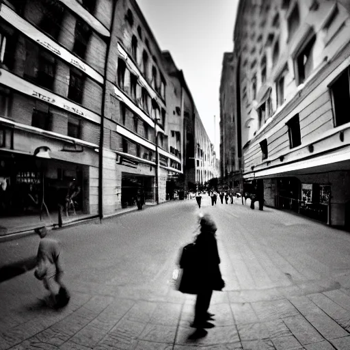 Prompt: A pinhole-styled photograph of surrealist street photography, shallow depth of field, wide-angle lens