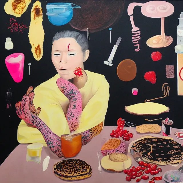 Image similar to a portrait in a female art student's bedroom, black walls, a woman sitting on a bed made of pancakes, honey dripping, berries dripping, chocolate, surgical supplies, ikebana, octopus, neo - expressionism, surrealism, acrylic and spray paint and oilstick on canvas