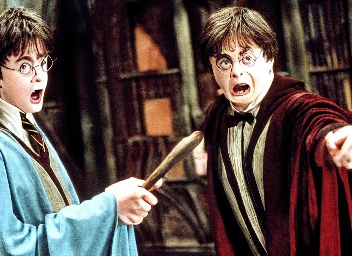 Prompt: a still of Harry Potter (2001), with Tim Curry as Voldemort