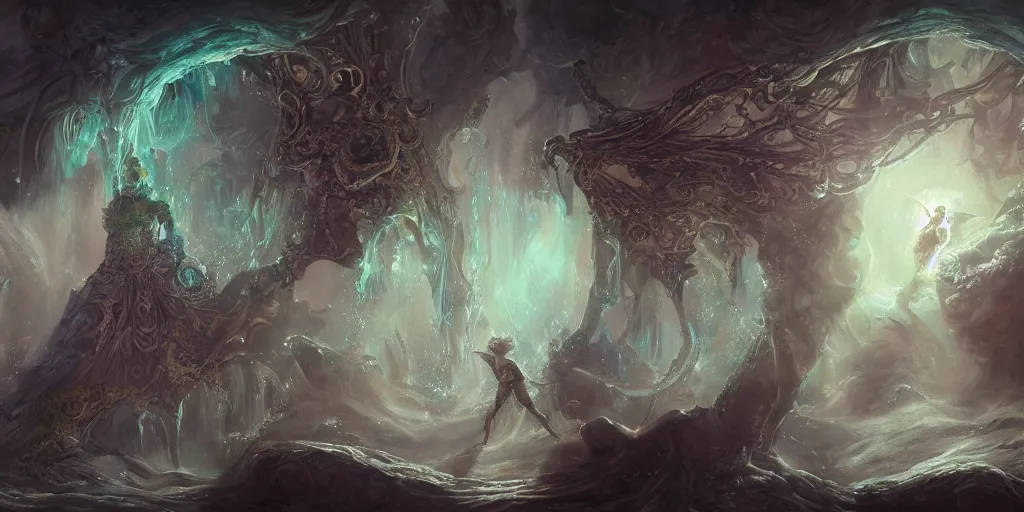 Image similar to concept art of translucent glowing fairies, lovecraftian, renaissance, melting, round moon, rich clouds, fighting the horrors of the unknown, very detailed, volumetric light, mist, fine art, decaying, textured oil over canvas, epic fantasy art, very colorful, ornate scales