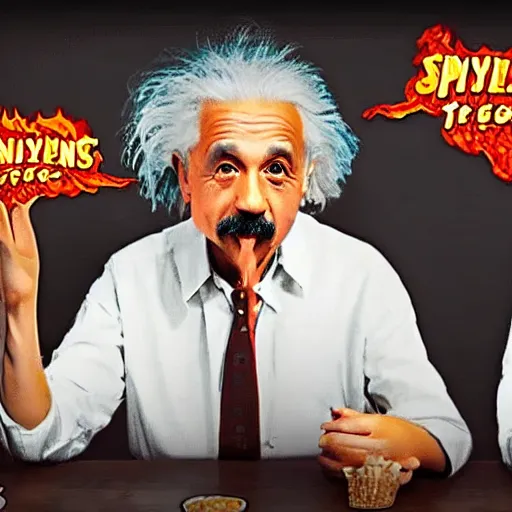 Prompt: Albert Einstein on Hot Ones eating spicy food