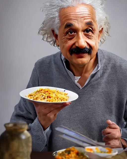 Prompt: A photo of Albert Einstein eating biriyani, highly detailed, trending on artstation, bokeh, 90mm, f/1.4