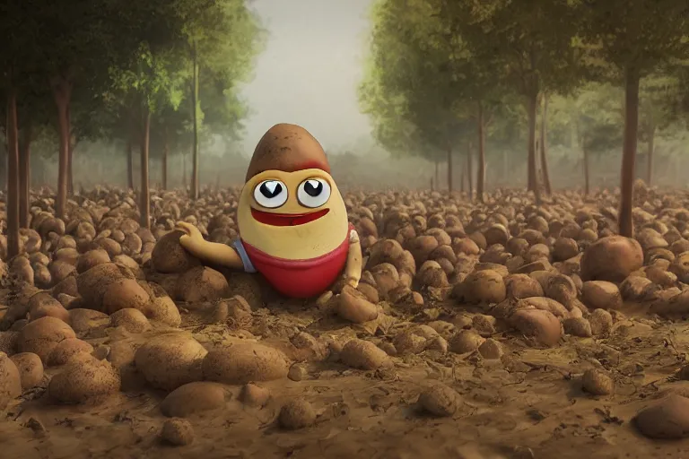 Image similar to the potato king appears before the large crowd of his subjects in all his glory, concept art, blender, googly eyes, realistic dirt.