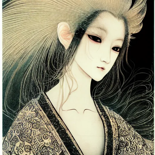 Image similar to yoshitaka amano blurred and dreamy illustration of a japanese woman with black eyes, wavy white hair fluttering in the wind wearing elden ring armor with engraving, abstract patterns in the background, noisy film grain effect, highly detailed, renaissance oil painting, weird portrait angle, blurred lost edges, three quarter view