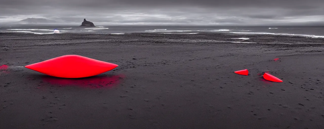 Image similar to cinematic shot of giant symmetrical red military spacecraft landing on an endless black sand beach in iceland with icebergs in the distance, 2 8 mm, shockwave