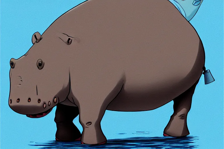 Image similar to a study of a cell shaded cartoon of a grey mechanical hippo from howl's moving castle ( 2 0 0 4 ), in an african river, full body, wide shot, very muted colors, post grunge, studio ghibli, highly detailed, deviantart, art by artgem