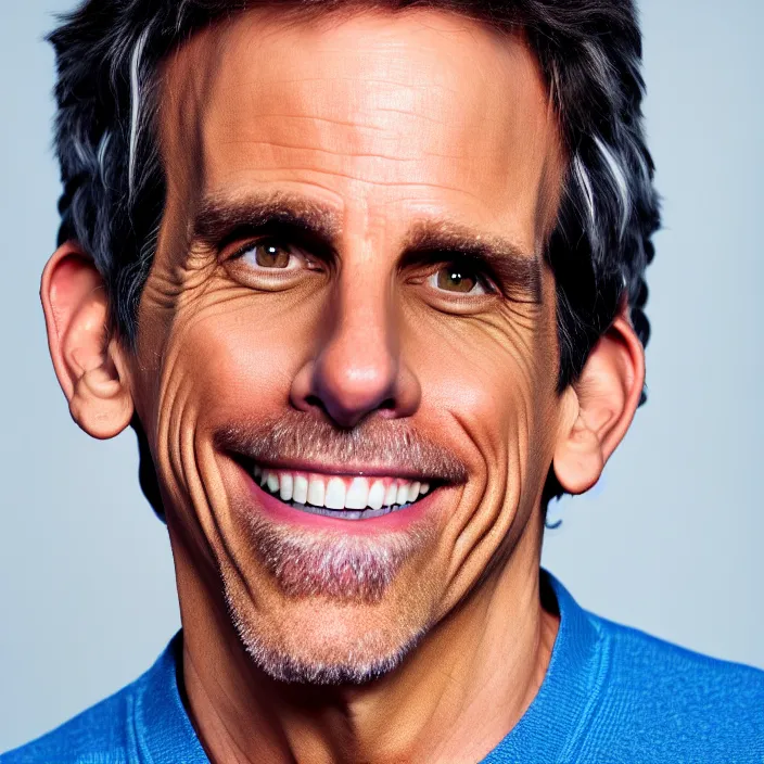 Prompt: portrait of ben stiller, smiling towards the camera. getting 5 years younger. detailed, 4 k, morning hour.