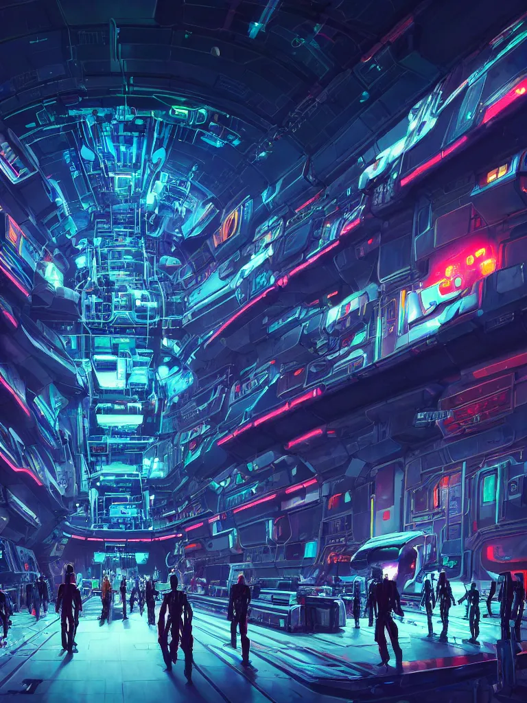 Image similar to the interior of a celestial spaceship cyberpunk hangar in a bioluminescent walls decorated beautifully, lots of cyberpunk design elements like humanoids and mecha robots, warm sunlight shining in, lots of cables and neon signs, concept art 8 k resolution, fantasy illustration, sharp focus, detailed painting, deep color, volumetric lighting, crepuscular rays