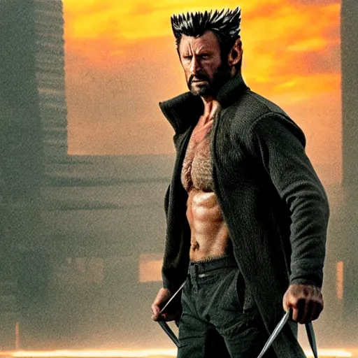 Image similar to Film still of the wolverine from Blade Runner 2049, full body, staring at the camera