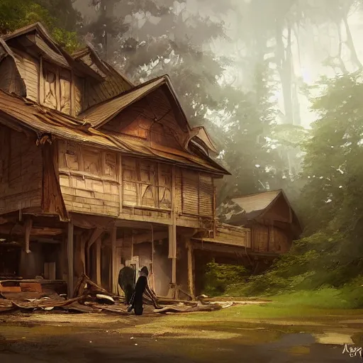 Image similar to two husbands leave each other inside a big wooden broken house by Stanley Artgerm Lau, WLOP, Rossdraws, James Jean, Andrei Riabovitchev, Marc Simonetti, Yoshitaka Amano, ArtStation, CGSociety, highly detaild 4K