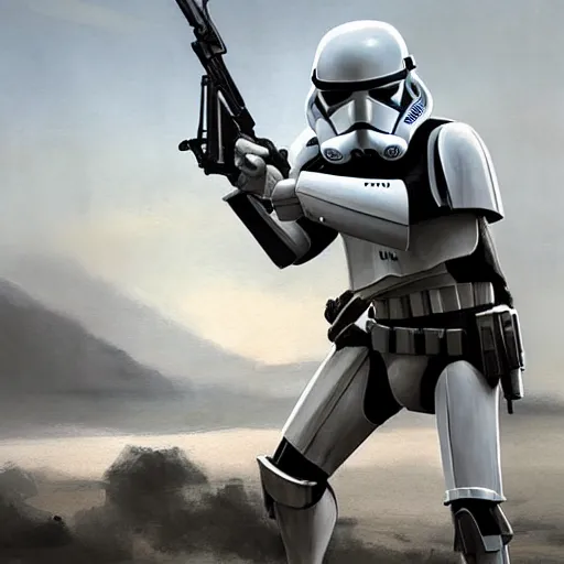 Image similar to an extremely long shot of an imperial stormtrooper in battle position ready to shoot his blaster concept art by Doug Chiang cinematic, realistic painting, high definition, very detailed, extremely high detail, photo realistic, concept art, the Mandalorian concept art style