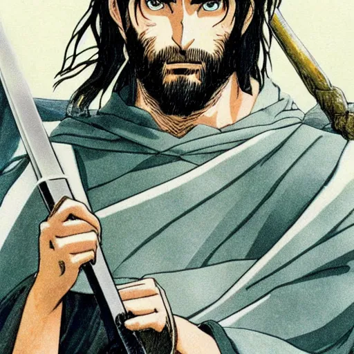 Prompt: aragorn from the anime lord of the rings (1986), looking serious, some beard, studio ghibli, very detailed, realistic