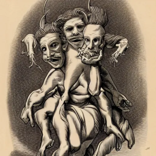 Image similar to goblin sitting on the shoulders of a blind - folded medusa, caricature, highly detailed