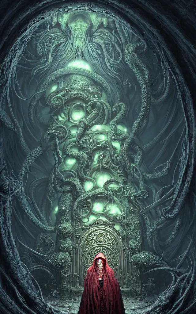 Prompt: hooded necromancer in front of a cthulhu within a viscosity fluid lovecraft portal, wide - angle portrait photography, intricate architecture, baroque detailed, unreal engine, octane render, micro detail, digital art by dan mumford and peter mohrbacher and wayne barlowe, intricate detail, subsurface scattering, ray tracing, vivid colors, octane render