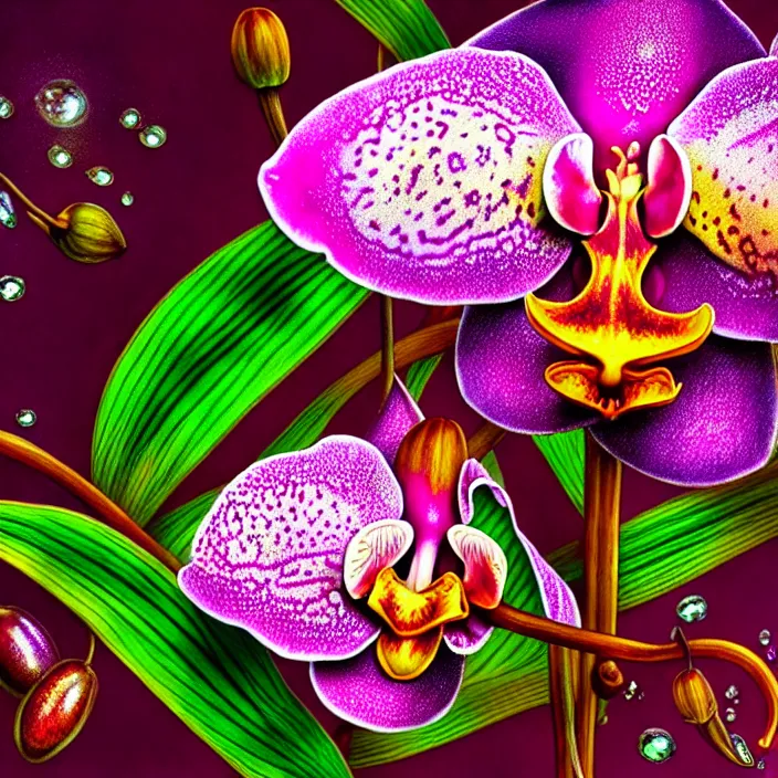 Image similar to extremely psychedelic macro orchid and cherry blossom and musroom, DoF, LSD, raindrops, specular highlights, diffuse lighting, fantasy, intricate, elegant, highly detailed, lifelike, photorealistic, digital painting, artstation, illustration, concept art, smooth, sharp focus, art by John Collier and Albert Aublet and Krenz Cushart and Artem Demura and Alphonse Mucha