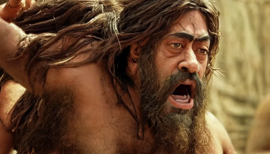 Image similar to movie still by peter jackson of javier bardem as gilgamesh, sumerian epic movie with sumerian monsters, fights, cinestill 8 0 0 t eastmancolor technicolor, high quality, very detailed, heavy grain, fine facial features, 8 k, octane render