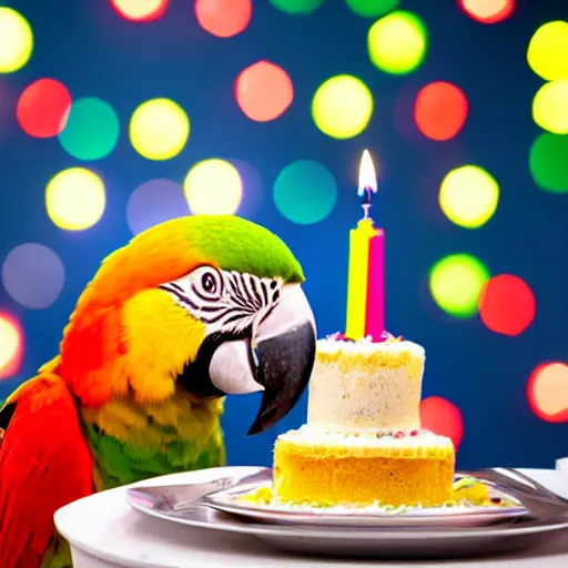 Image similar to photo of parrot eating a birthday cake, highly detailed, cinematic, strong bokeh, 4 k