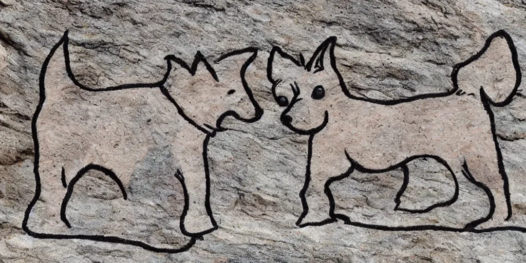 Image similar to A Yorkshire Terrier drawn on the stone of a cave, a petrogliph, art by Pueblan peoples, stone art