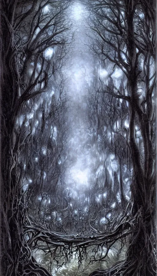 Image similar to a storm vortex made of many demonic eyes and teeth over a forest, by luis royo,