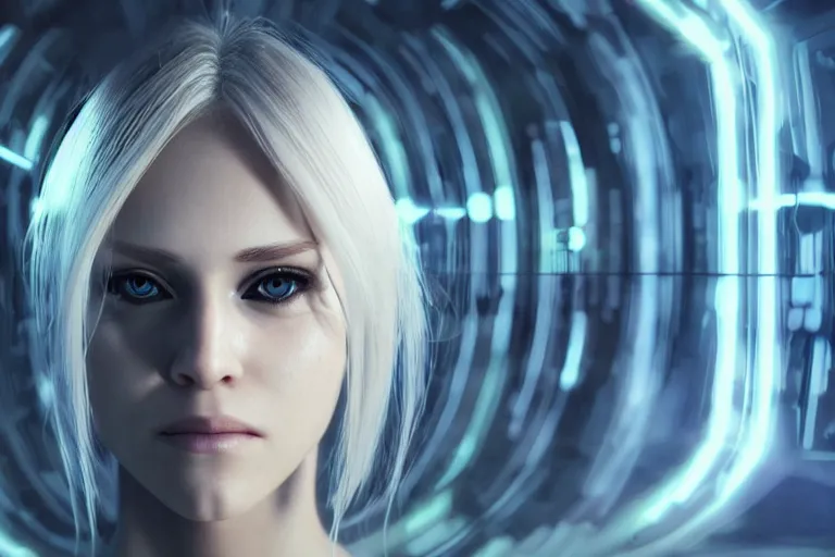 Image similar to a beautiful blonde girl trapped in the matrix, futuristic, cyberpunk, 3 d rendered, 3 d rendering, dramatic lighting, dark theme, hdr, unreal engine 5, hyper realistic