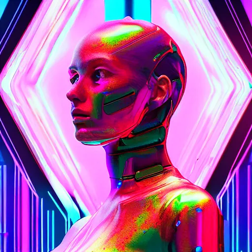 Image similar to chromatic 3d ultra realistic cyborg woman in psychedellic mirror environment digital art in synthwave style