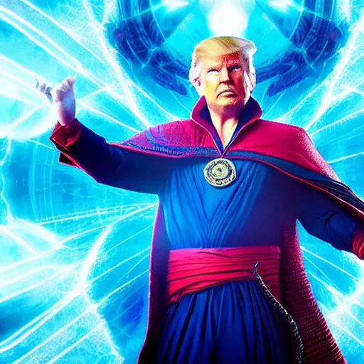 Image similar to Donald Trump cast as Dr. Strange, still from marvel movie, hyperrealistic, 8k, Octane Render,