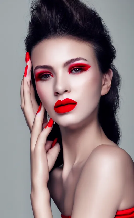 Image similar to fashion photoshoot of du juan, portrait, cover, skincare, real life skin, >red lips<, light makeup, beautiful hair, hairstyle, elegant