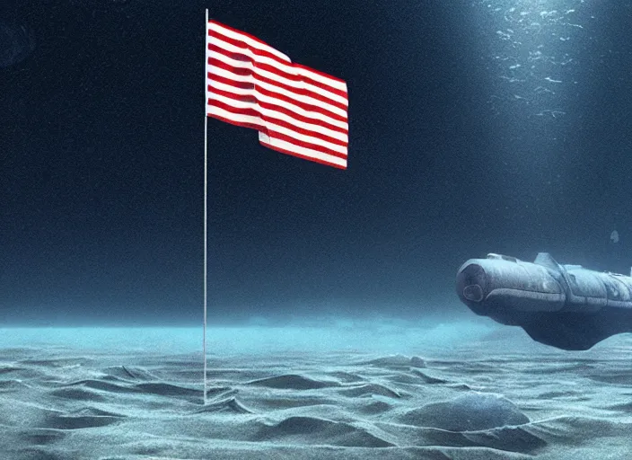 Image similar to astronaut holding a flag in an underwater desert. a submarine is visible in the distance. dark, concept art, cinematic, dramatic, atmospheric, 8 k, trending on artstation, blue, fish, low visibility, fog, ocean floor, christopher nolan, interstellar